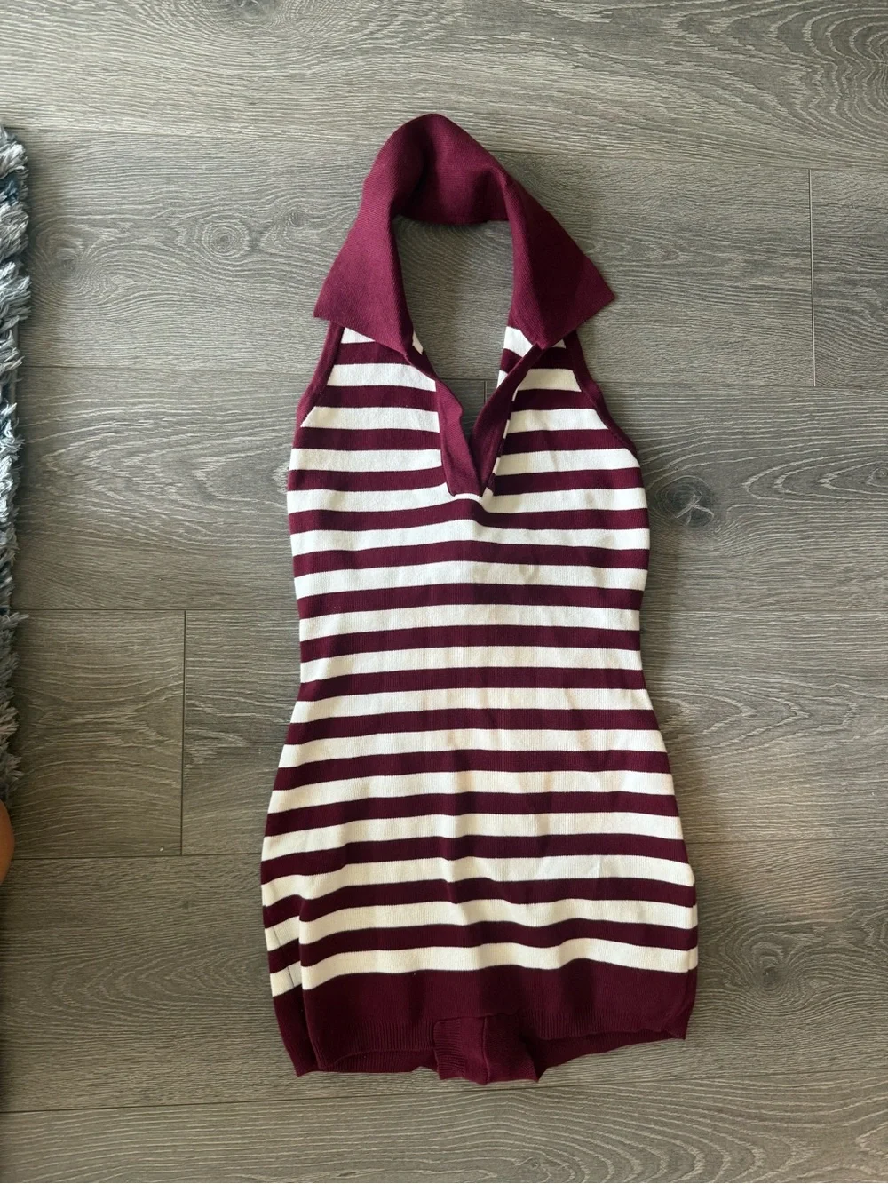 Striped Maroon and White Halter One-Piece Swimdress